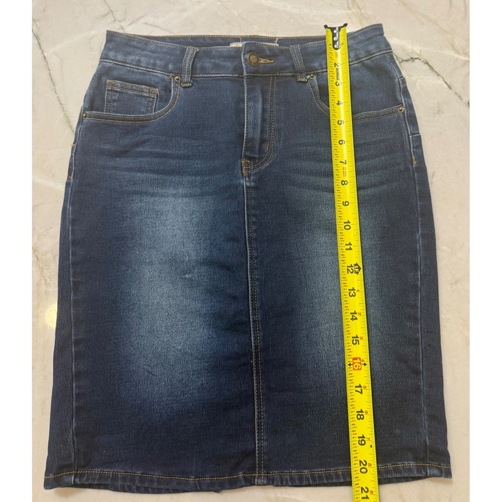 Angel Kiss Los Angeles Dark Wash‎ Denim Pencil Skirt Size M Whiskered Stretch - Picture 6 of 10